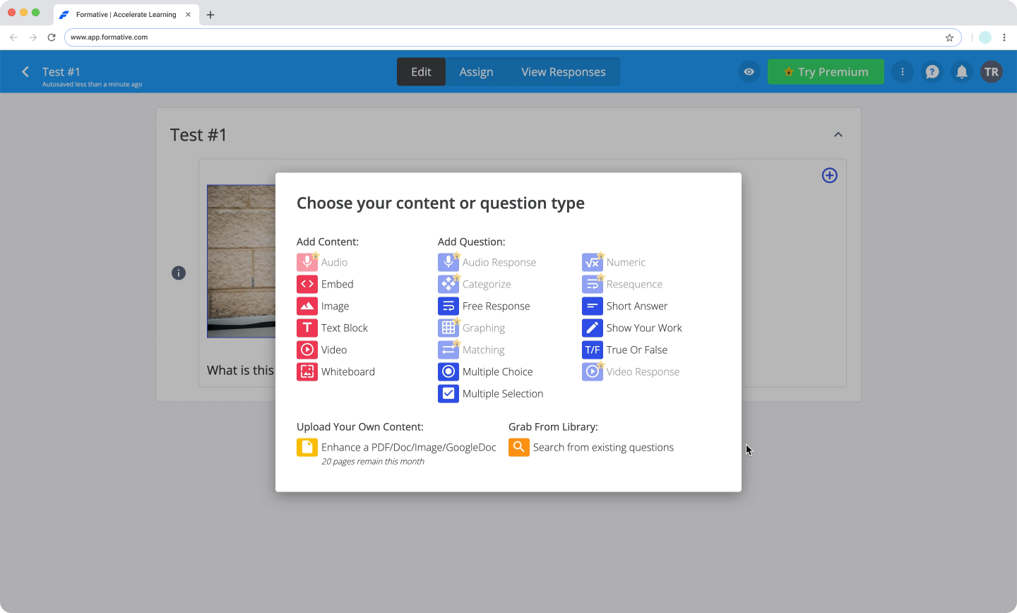 Formative interface showing example content and classroom setup workflow.