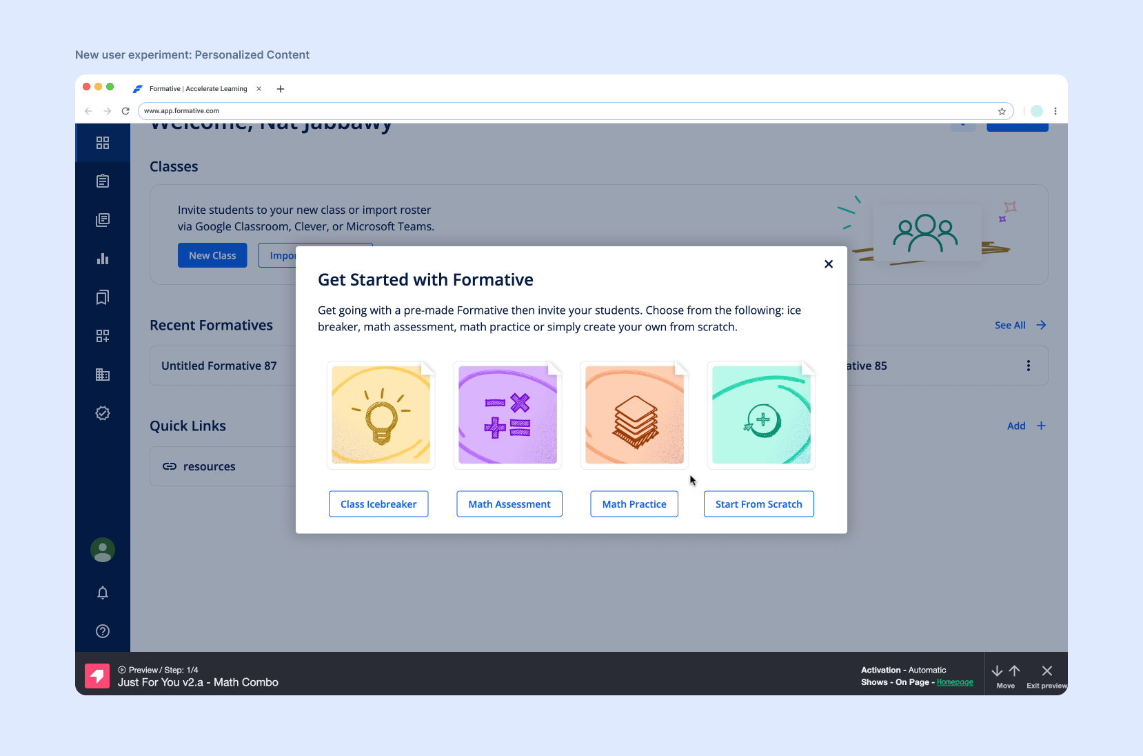 Standardized presentation of the personalized-content experiment, presenting new teachers with classroom-ready starting points.
