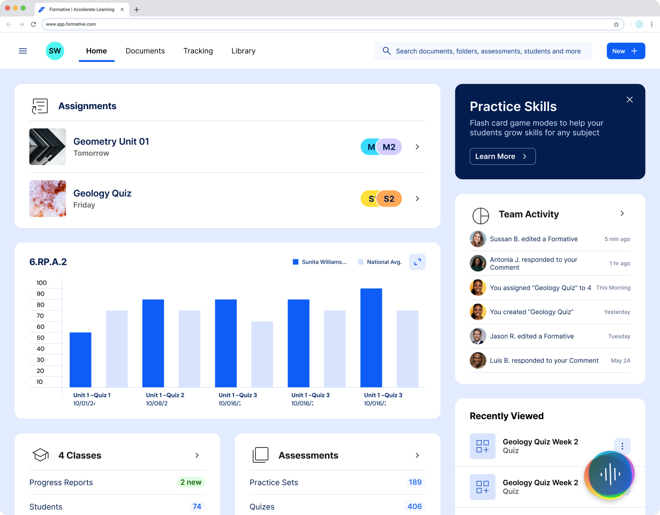 Formative educator dashboard showing assignments, performance charts, and recent activity.