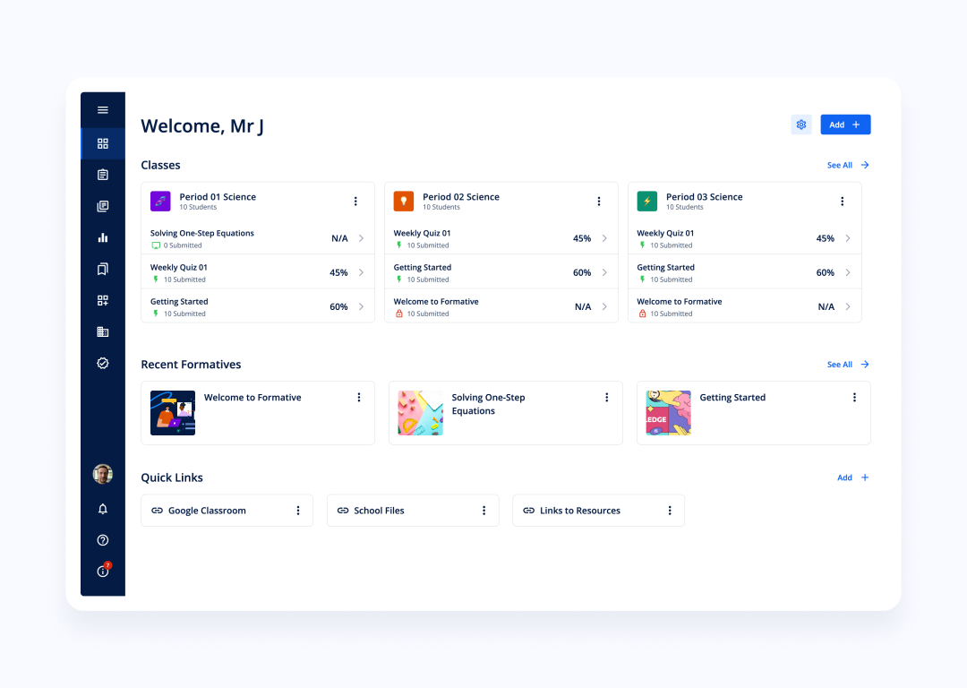 Teacher dashboard showing classes, recent assessments, and shared resources.