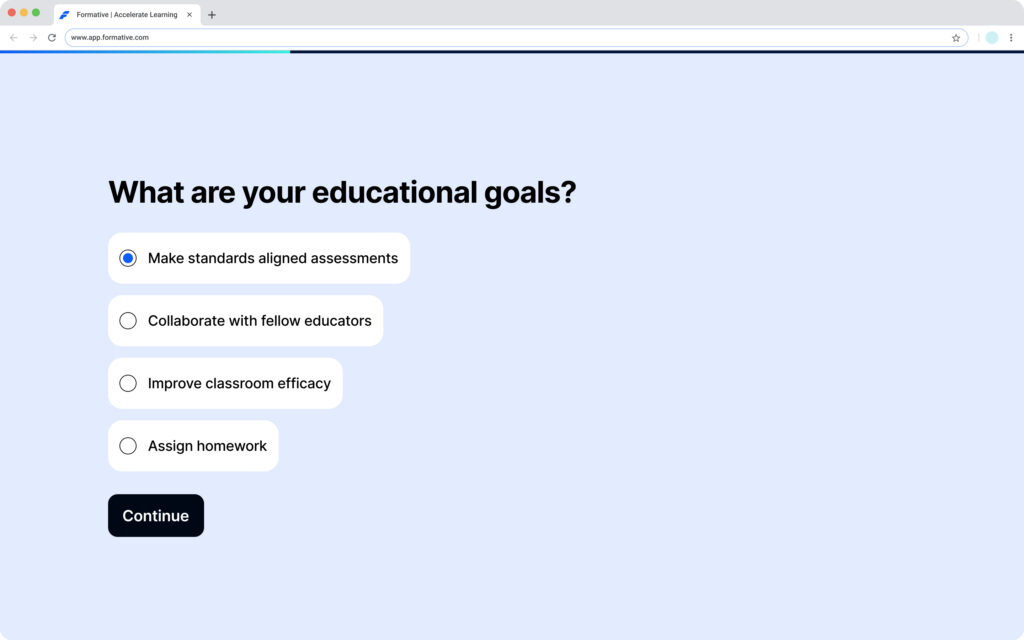Formative onboarding screen asking new users about their educational goals.