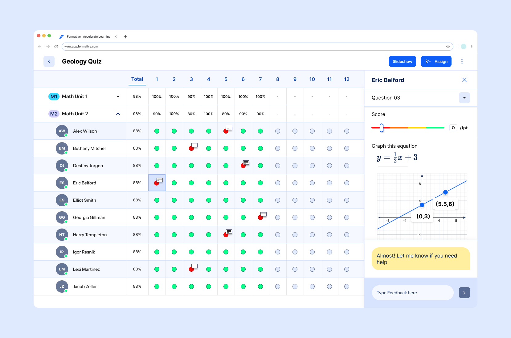 Standardized student-response view connecting class-level performance, question detail, and teacher feedback.
